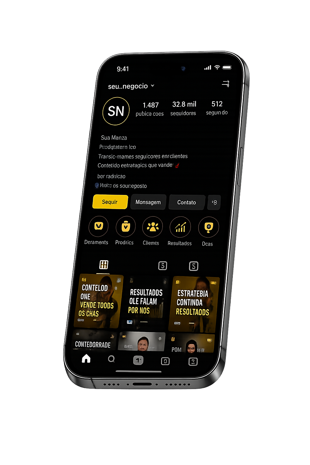 Celular com perfil de Instagram e resultados PageUP